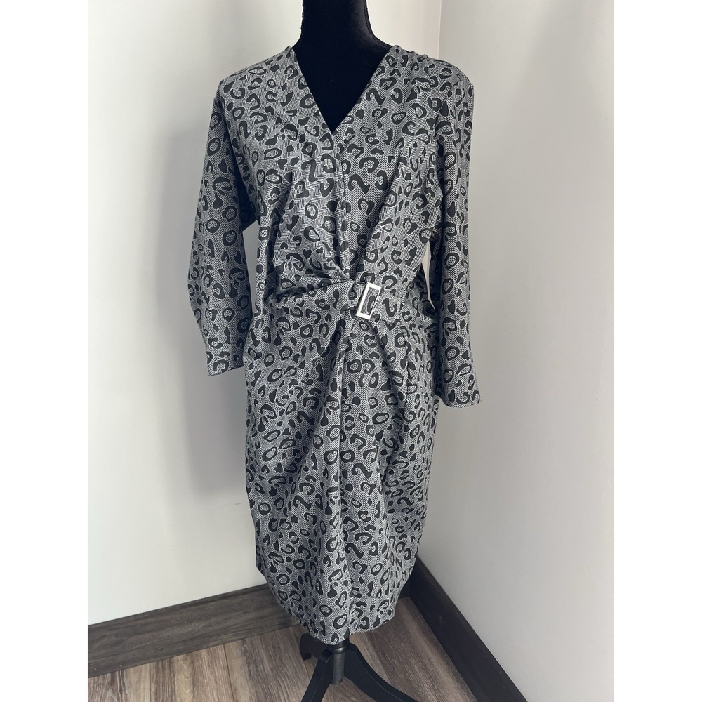 Anne Klein Womens Grey Leopard Herringbone Faux Wrap Sheath Dress Animal Size 14